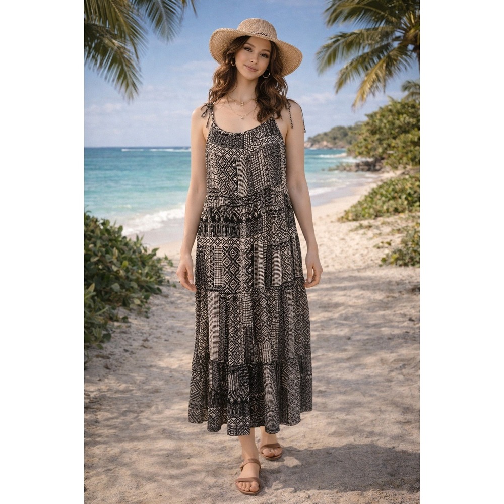 Boho‎ Western Beach Festival Vacation BlackWhite Tribal ShoulderTie Maxi S Dress